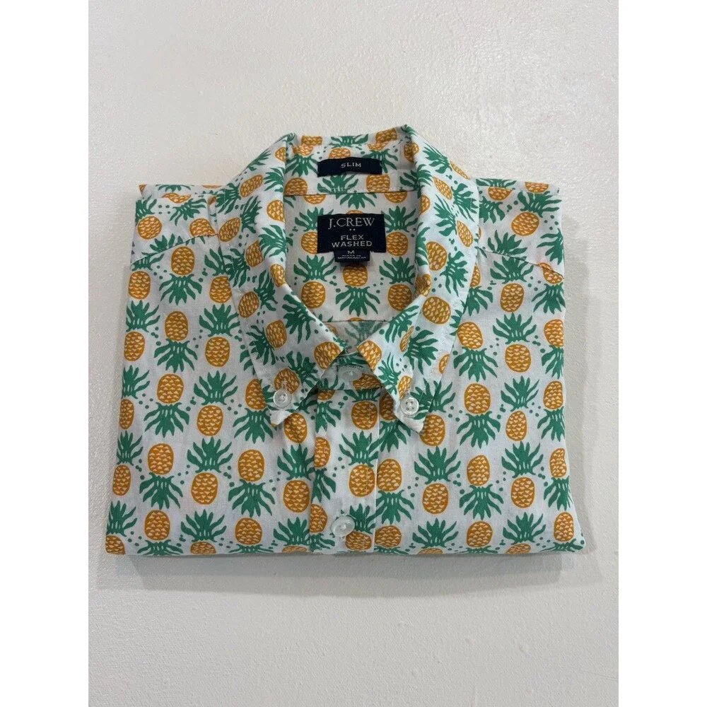 J.CREW Mens M Short Sleeve Button Up Flex Washed Slim Fit Pineapple Tropical
